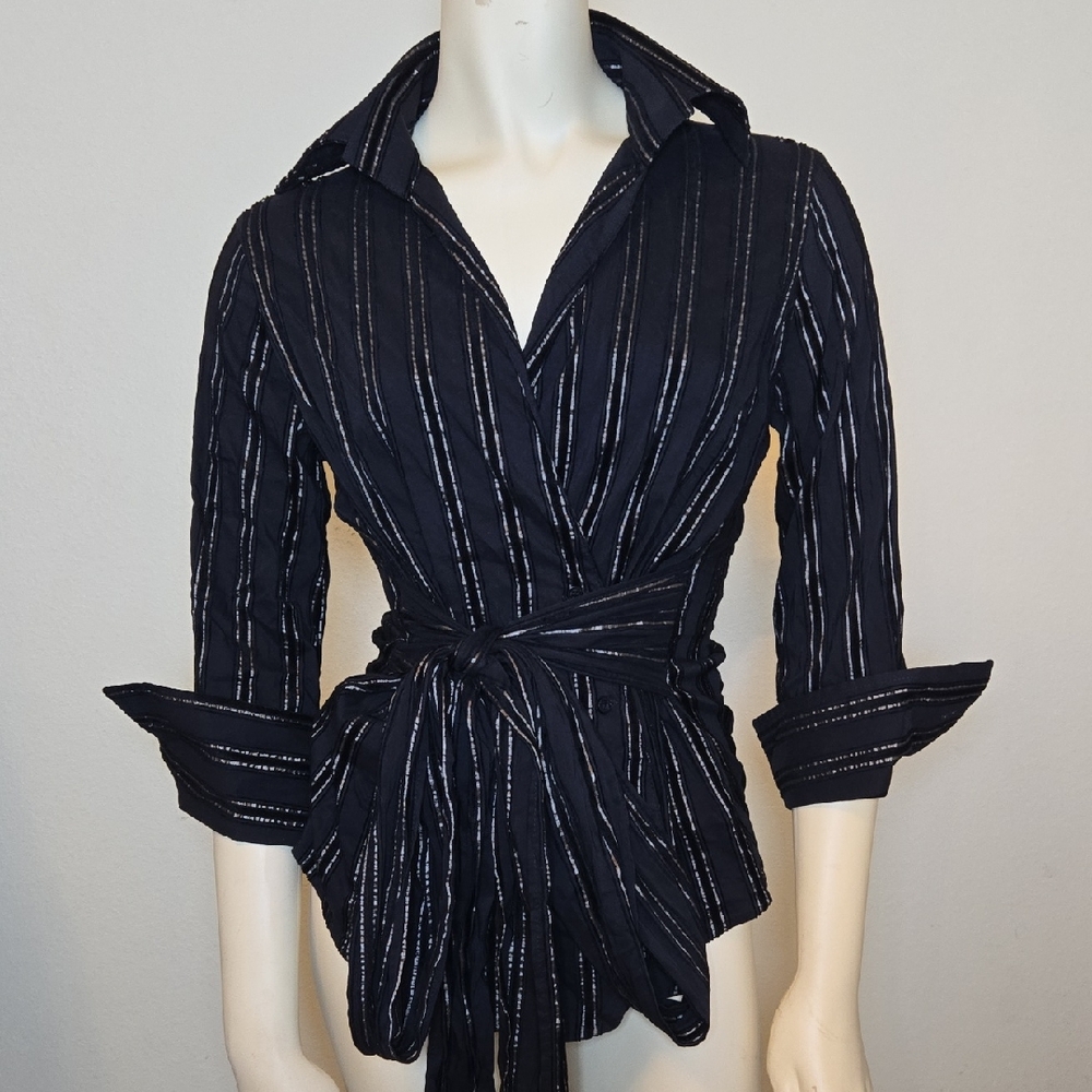 Vintage Zara Basic Black Metallic Stripe Wrap Blouse